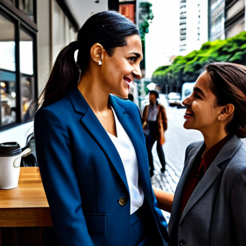 **

"A businesswoman in a stylish, fully clothed business suit, engaging in a casual conversation with a stranger at a local São Paulo coffee shop. The background shows a vibrant Paulista Avenue scene, with safe for work, appropriate content, professional, perfect anatomy, and natural proportions. This is a family-friendly, high-quality image."

**