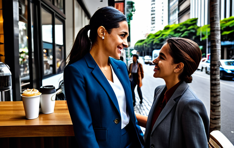 **

"A businesswoman in a stylish, fully clothed business suit, engaging in a casual conversation with a stranger at a local São Paulo coffee shop. The background shows a vibrant Paulista Avenue scene, with safe for work, appropriate content, professional, perfect anatomy, and natural proportions. This is a family-friendly, high-quality image."

**