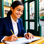 The Serendipitous Discovery**

A woman in a bright, stylish, fully clothed professional outfit (blazer, trousers) smiles as she sketches in a notebook in a sunny Lisbon cafe. She's holding a "pastel de nata." Cobblestone street and yellow tram visible outside the window. Safe for work, appropriate content, professional, modest clothing, perfect anatomy, natural proportions, well-formed hands, proper finger count, high quality, professional photography.

**
