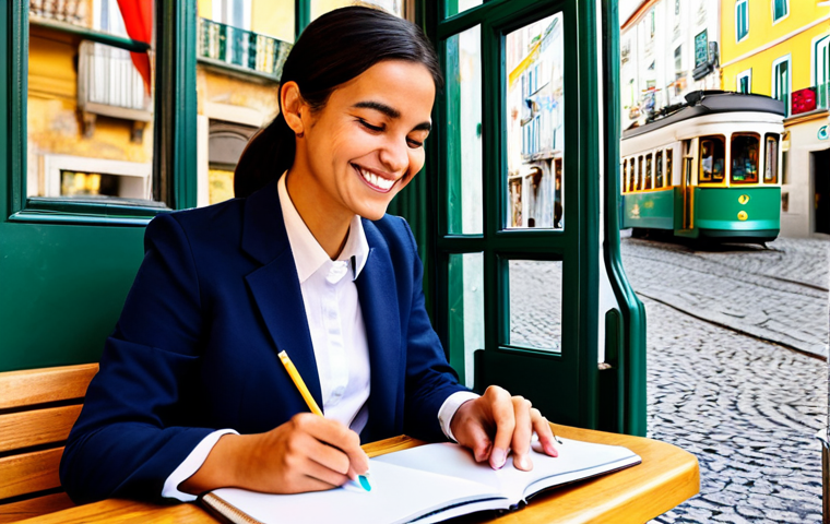 The Serendipitous Discovery**
A woman in a bright, stylish, fully clothed professional outfit (blazer, trousers) smiles as she sketches in a notebook in a sunny Lisbon cafe. She's holding a "pastel de nata." Cobblestone street and yellow tram visible outside the window. Safe for work, appropriate content, professional, modest clothing, perfect anatomy, natural proportions, well-formed hands, proper finger count, high quality, professional photography.
**