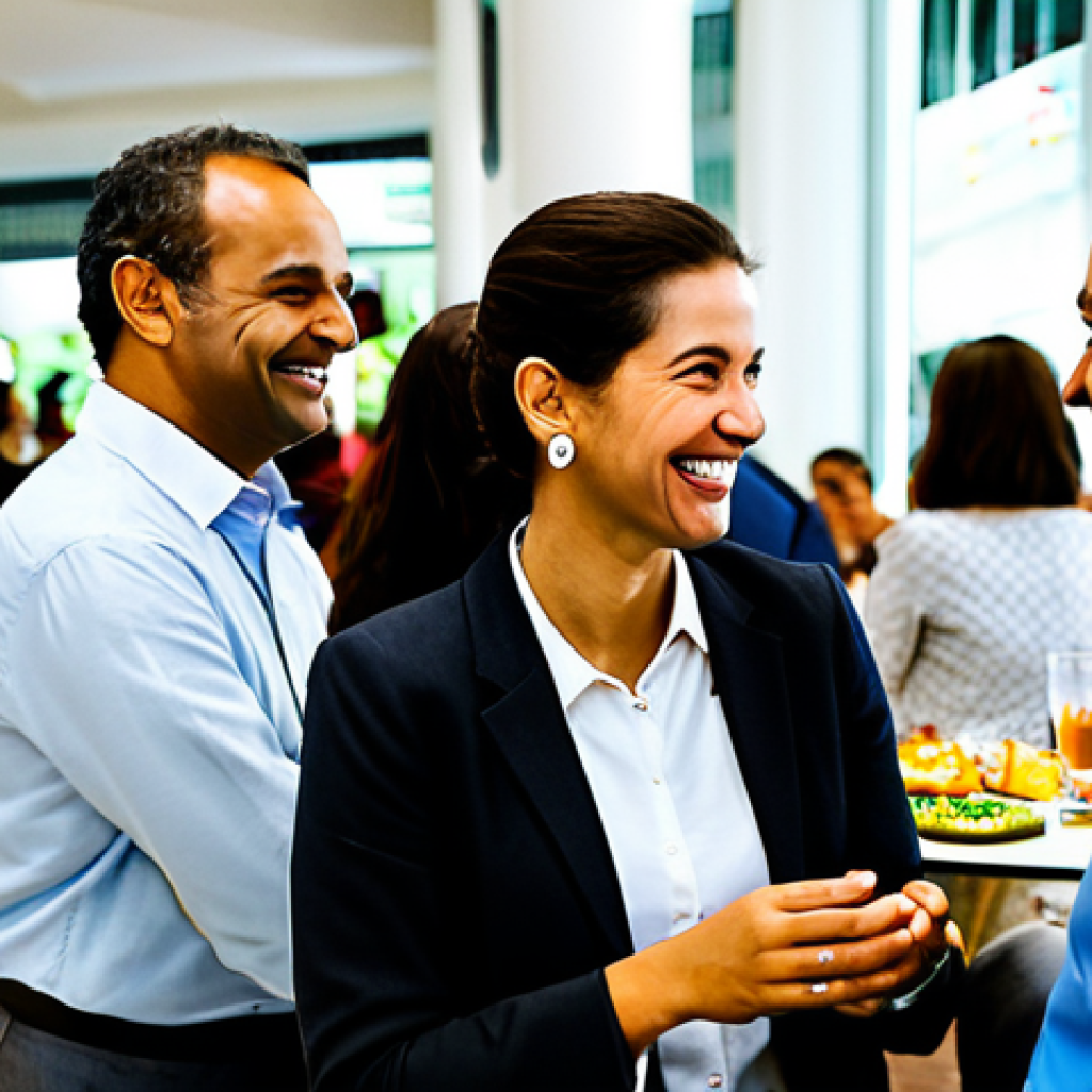 Networking Event - Casual Conversation**
"A fully clothed, professional woman in modest business attire, smiling and engaged in a conversation with a casually dressed man at a bustling networking event in São Paulo, Brazil. Background shows diverse attendees, tables with refreshments, and company banners. Warm, natural lighting. Safe for work, appropriate content, perfect anatomy, well-formed hands, professional photograph, high quality, family-friendly."
**