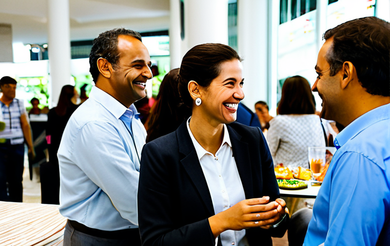 Networking Event - Casual Conversation**
"A fully clothed, professional woman in modest business attire, smiling and engaged in a conversation with a casually dressed man at a bustling networking event in São Paulo, Brazil. Background shows diverse attendees, tables with refreshments, and company banners. Warm, natural lighting. Safe for work, appropriate content, perfect anatomy, well-formed hands, professional photograph, high quality, family-friendly."
**
