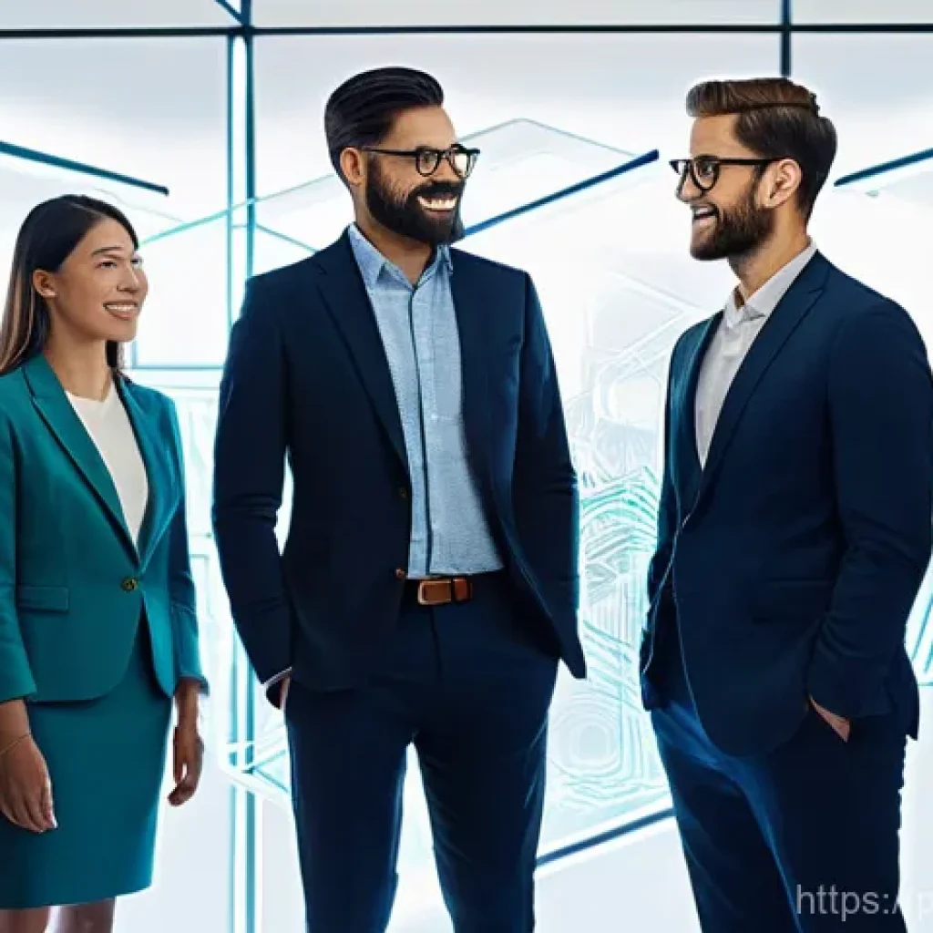 약한 연결을 통해 직무 스킬 향상하기 - **Prompt 1: The Portals of Opportunity**
"A diverse group of professionals, male and female, of ...