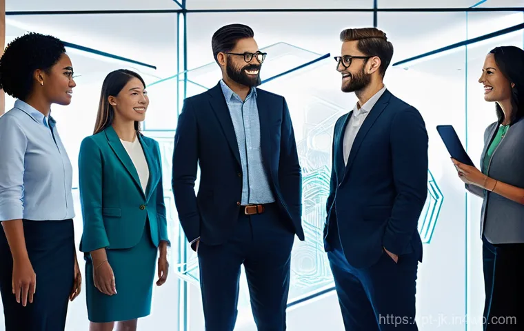 약한 연결을 통해 직무 스킬 향상하기 - **Prompt 1: The Portals of Opportunity**
"A diverse group of professionals, male and female, of ...