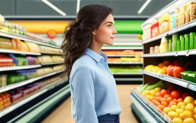 약한 연결을 통한 창업 아이디어 발굴 - **"Supermarket Epiphany: The Seed of an Idea"**
A highly detailed, realistic illustration depict...