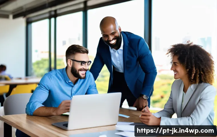 약한 연결과 고객 관계 관리 - **Strong Ties - Collaborative Innovation:** A diverse group of four business professionals, two men ...