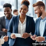 Home 22 약한 연결을 통한 채용 과정 간소화 - A modern corporate office setting showing a diverse group of professionals engaged in a networking e...