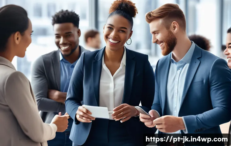 약한 연결을 통한 채용 과정 간소화 - A modern corporate office setting showing a diverse group of professionals engaged in a networking e...