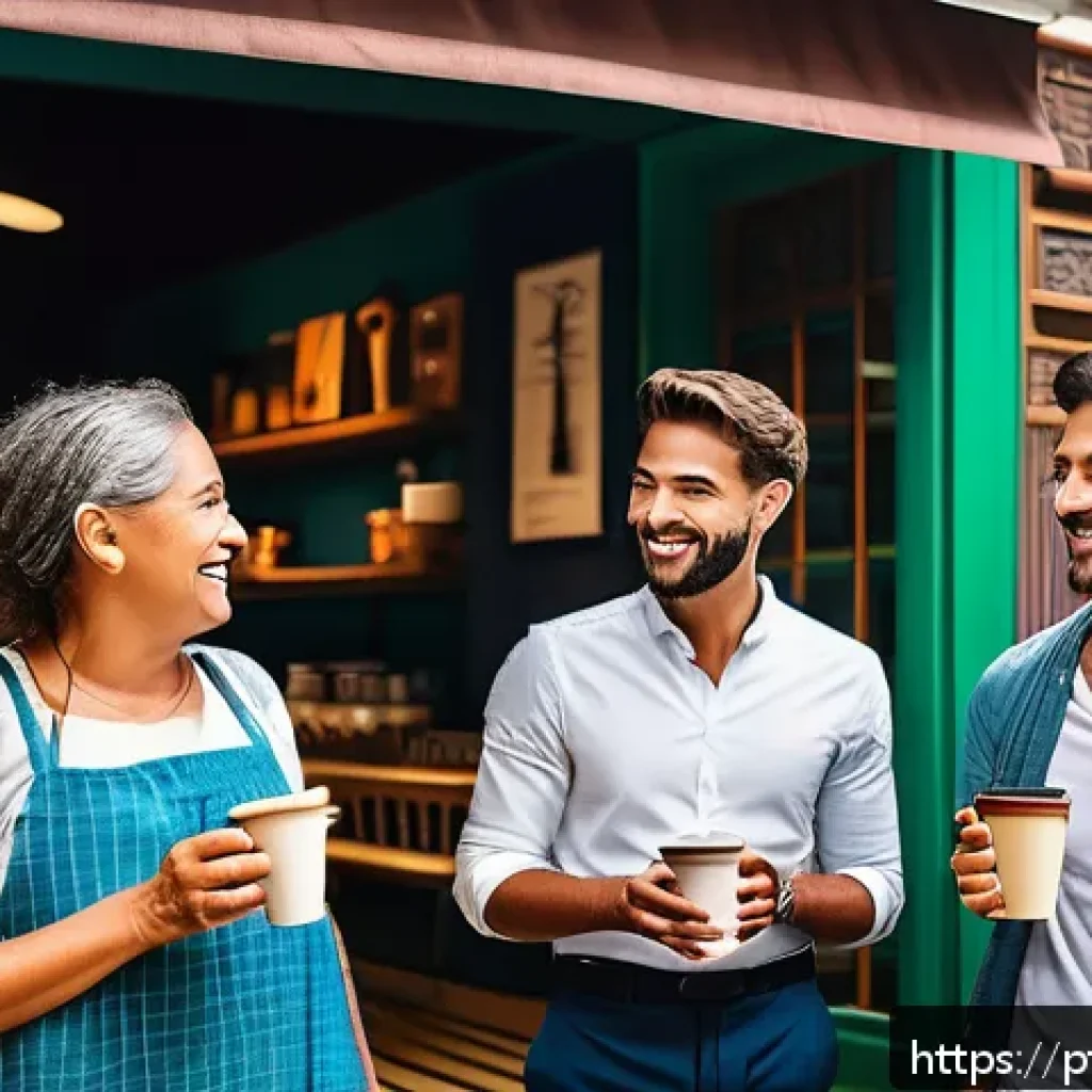 약한 연결을 통한 커리어 전환 성공 사례 - A vibrant urban coffee shop scene in São Paulo, Brazil, featuring diverse professionals casually cha...
