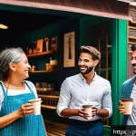 Home 20 약한 연결을 통한 커리어 전환 성공 사례 - A vibrant urban coffee shop scene in São Paulo, Brazil, featuring diverse professionals casually cha...