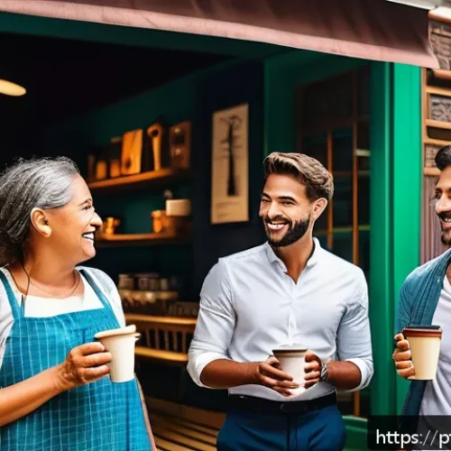 Home 32 약한 연결을 통한 커리어 전환 성공 사례 - A vibrant urban coffee shop scene in São Paulo, Brazil, featuring diverse professionals casually cha...