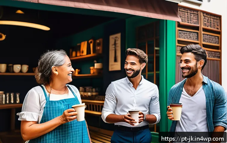 약한 연결을 통한 커리어 전환 성공 사례 - A vibrant urban coffee shop scene in S&atilde;o Paulo, Brazil, featuring diverse professionals casually cha...