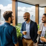 Home 19 약한 연결을 통해 직무 경험 얻기 - A vibrant professional networking event set in a modern co-working space in São Paulo, Brazil, featu...
