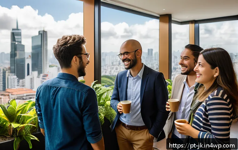 약한 연결을 통해 직무 경험 얻기 - A vibrant professional networking event set in a modern co-working space in São Paulo, Brazil, featu...