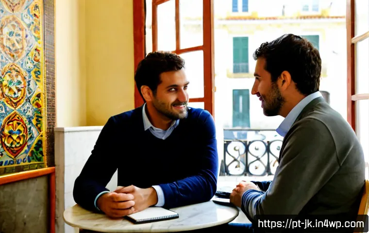 약한 연결을 통한 직무 전환 전략 - Photorealistic career transition scene in a bright Lisbon café, a mid-career Portuguese professional...